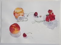 Pelargonienblüten mit Früchten und Kaninchenschädel, 2013, Aquarell und Graphit auf Hadern