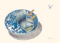 Rollmops auf japanischem Teller, 2004, Aquarell und Graphit auf Hadern