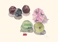 Früchte und Chinaschirmchen, 2005, Aquarell und Graphit auf Hadern